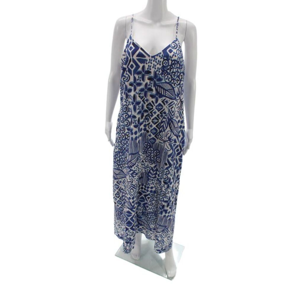 Rachel Zoe Womens Maxi Dress Sleeveless V Neck Geometric Blue Rayon Size M